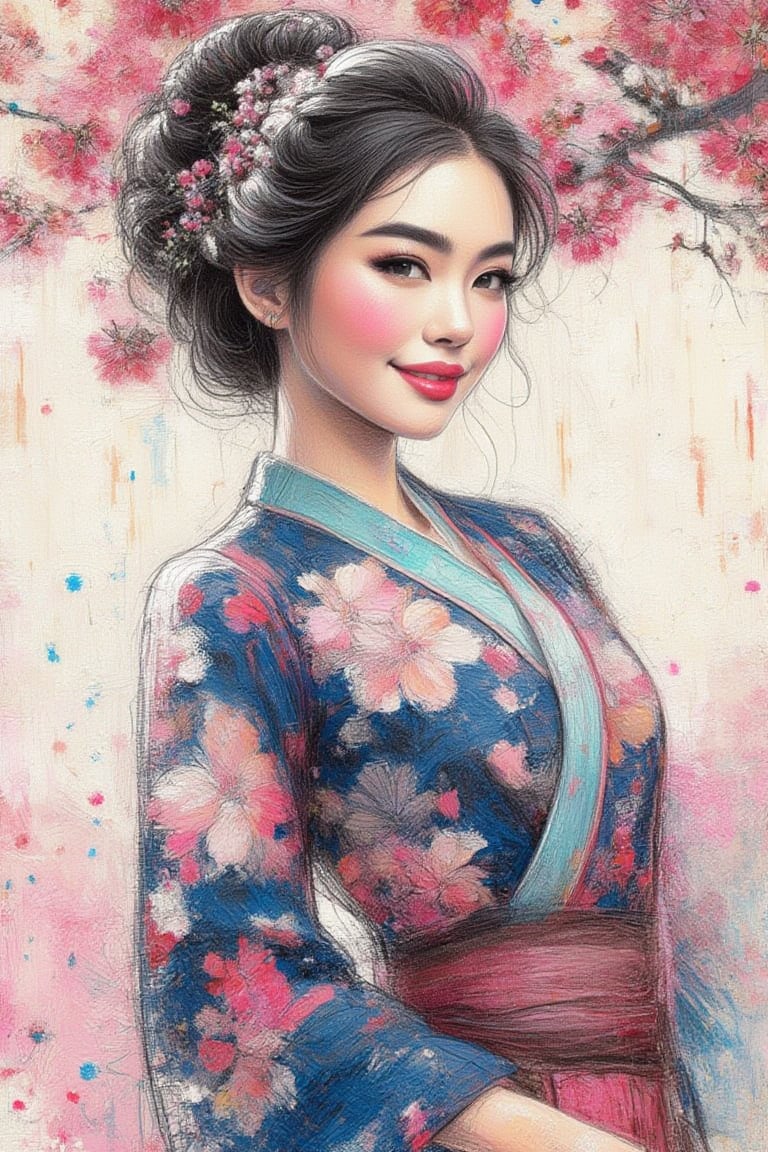 Please create The Artistic
Spirit of an Edo Beauty:
Hanazawa Shizuka's in the
style Ukiyo-e, Sketching
crosshatching ,impasto,bold knife brushstrokes of
 a pretty Asian lady
wear blue and pink long
sakura kimono, bun hair
with accessories
nice smile, sweet dimple,
pink lips,
Japanese Ink, cinematic,
gaze eyes on the
camera, dynamic shadow,bg sakura flowers and petals swirling on the air, 
Mastery    UHD HDR ,24K, 40s 