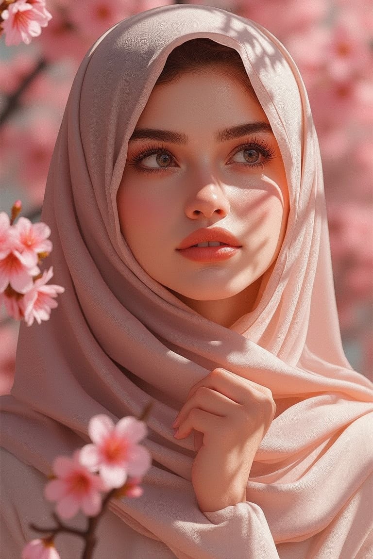 Shallow depth of field,a highly detailed digital painting of a young woman gazing softly into the distance, under  delicate cherry blossoms. Her face is partially in shadow with dappled sunlight shining through the petals, highlighting the moisture on her skin, giving a fresh and natural look. Her soft, flowing hijab is intertwined with blossoms. The art features a close-up portrait at a slight upward angle, emphasizing her ethereal, flawless complexion, deep reflective eyes and subtle expression. The lighting creates a dreamy atmosphere with soft bokeh effects. The style is reminiscent of Ilya Kuvshinov's work, known for his beautifully stylized feminine portraits blending realistic and anime-inspired aesthetics.