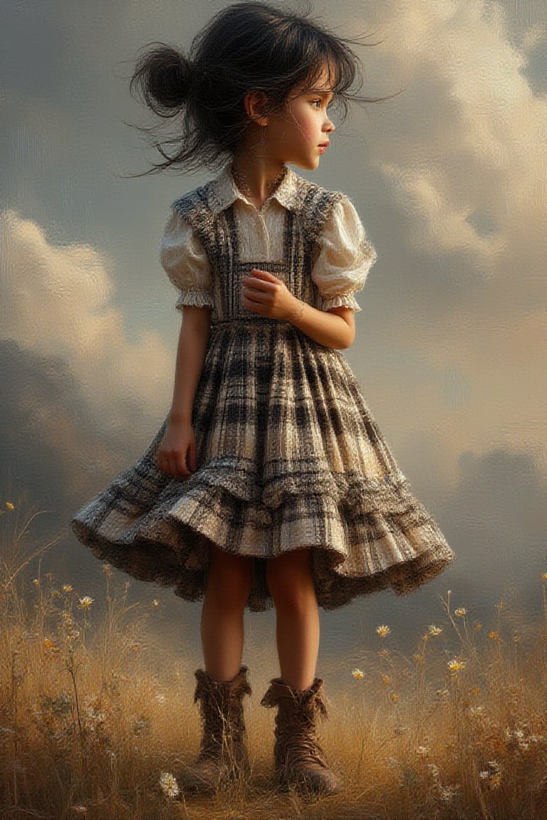 Best image quality, oil painting, soft
textured airbrushed, Young,stunning and
Beautiful young girl wearing blye coloured
checkered cottagecore dress,black hair
with and updo,boots, happiness
mood,dynamic model pose,3d, hyper-
realistic, clear, dramatic light  ,uhd ,hdr, 24K   ,40s,Oil Painting Kiko