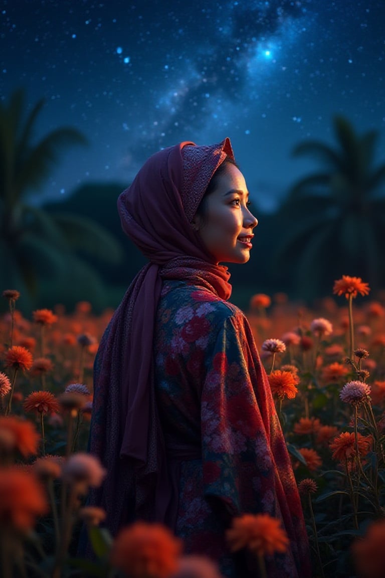 beautiful  stunning malay
woman smiling face standing in a field
full of wildflowers,coconut trees, viewed from behind,
showcasing colorful floral pattern
clothing and a headscarf with shades of
red and purple, under a night sky with sparkling stars,cosmic night sky, conveying a serene ,dreamy, painterly night hour, UHD HDR ,24K, 40s 