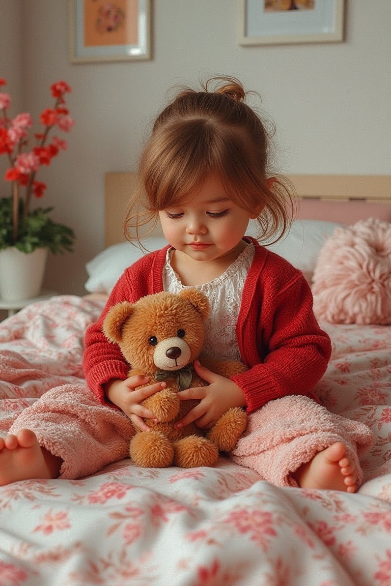 A toddler girl playing with a teddy bear blushie while sitting on her bed. she wears blouse,skirt a and a red jacket.oil painting The background features a bedroom wall with girlish decoration in full colour, flower plants in pot,alcohol ink effect,hdr,uhd,24k, 40s, hyper-realistic 