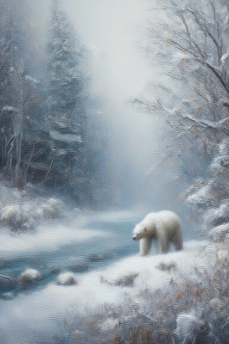  Oil illustration painting, A cute, 3D animation style Of a white snow bear walking near a snow covered river with Its two white cubs standing in front of Tress covered in white winter snow in a misty white atmospheric  background.  dreamy, romantic, painterly, UHD,HDR, 24K, 40s in the style  of,Oil Painting Kiko,ImpastoKiko,ArcylicOil Painting 1