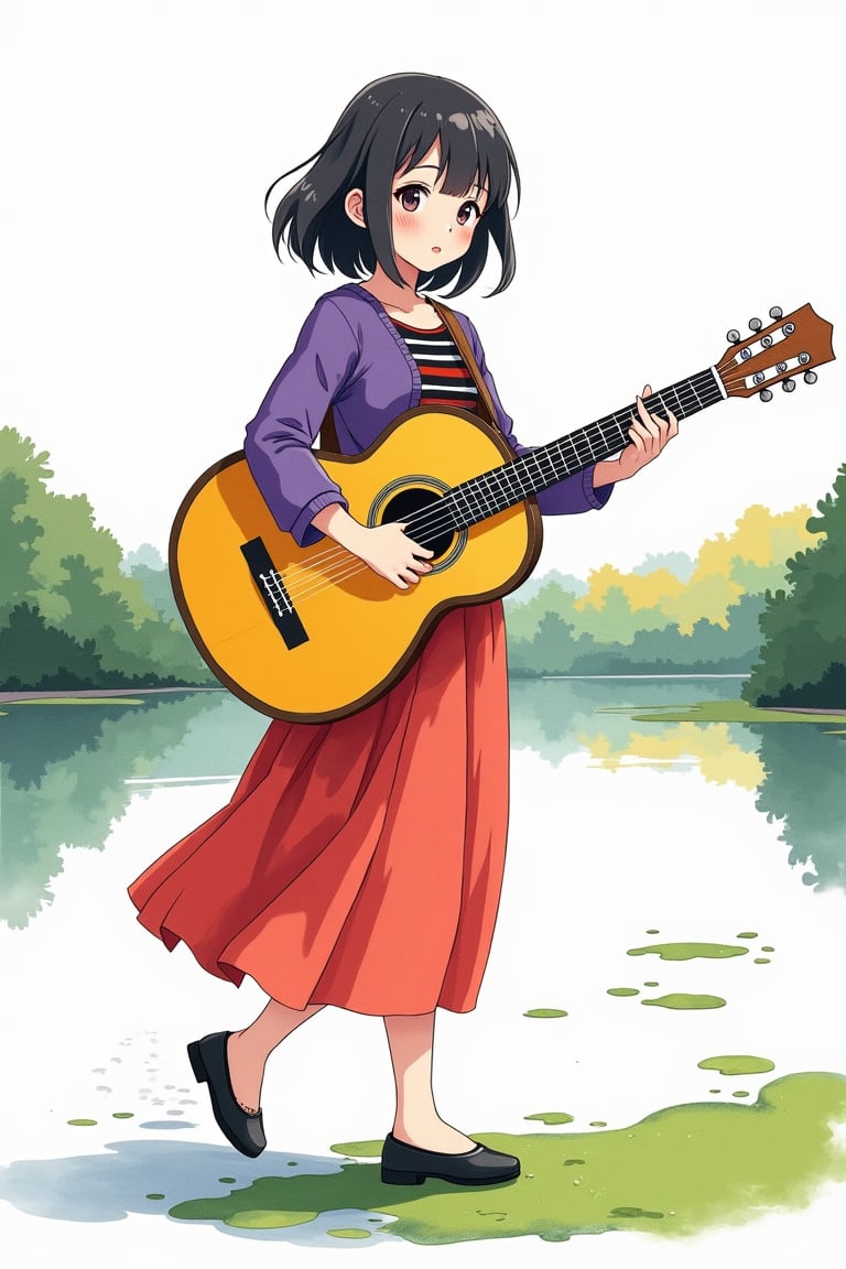 Sumi-e style watercolor portrait of a young, beautiful anime girl in a modest midi dress with a striped inner, strolling in a lake garden. She holds a guitar in purple, yellow, red, and black colors, blending modern color block style. The scene is framed with a focus on her serene expression and the vibrant colors of her attire against a white background, with soft, flowing ink lines capturing the essence of the moment.