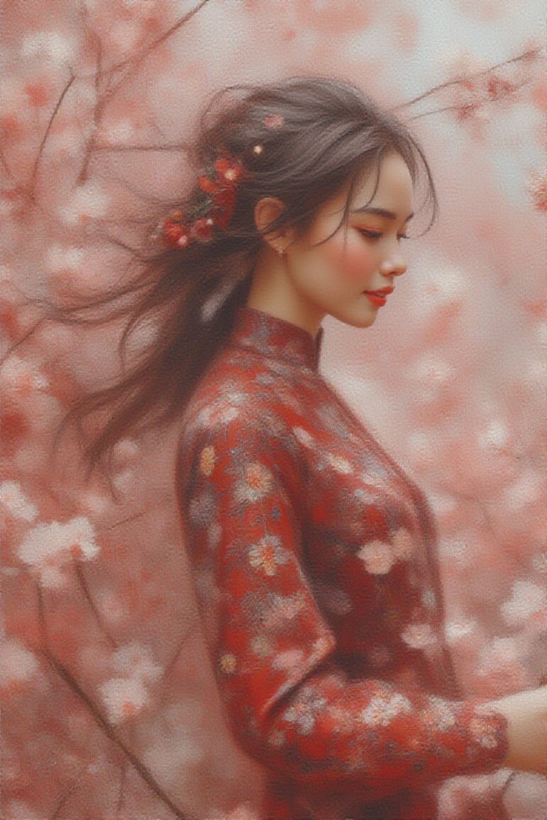 Classical Realism painting,
minimalist, adorable malay girl,she
wears modest traditional baju kebaya ,cherry blossom
tree,windy,serene and calm,expression
shot,retrowave,master shot,dreamy,blurry  UHD HDR ,24K, 40s