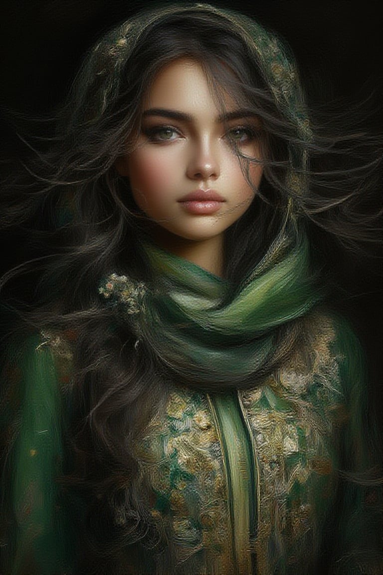 realistic image with a gradient soft
black background, a beautiful girl with long black hair, wearing a pashmina shawl with gradient green, soft wind-blown, flower pin, a green and white floral
printed baju kurung, serious expression, a thick golden boundary around the girl,
bokeh effect, Gouache effect,
UHD,HDR,24K, 40s, Oil Painting Kiko,WatercolorWash,ImpastoKiko