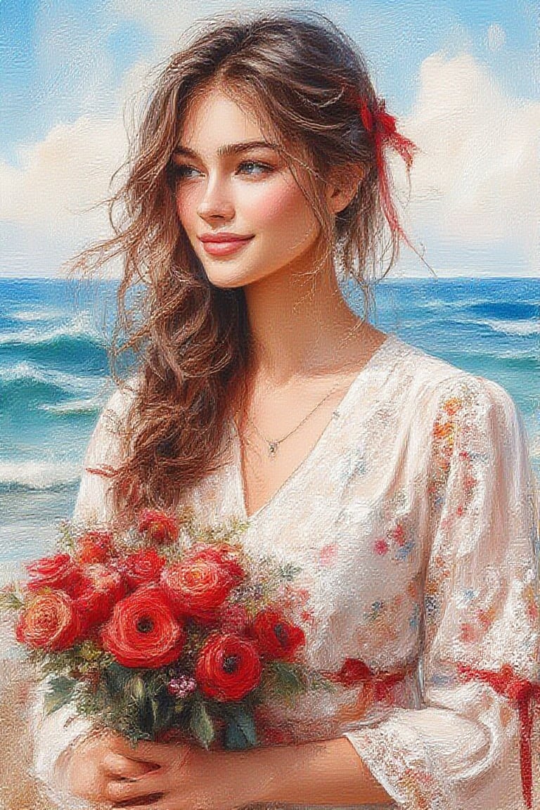 Watercolor
Potrait a pretty lady  white face, ,soft make up,blush cheeks,deep dimple,long braided hair tied with red lace ribbons, wearing white blouse with floral pattern on her left side, neutral sweet smile, holding a wedding bouquet of red roses tied with colorful lacy ribbens ,using watercolor painterly , splash.bg ocean with waves and blue sky ,uhd,hdr,24K, 40s,Oil Painting Kiko,Kikotaekwando,WatercolorWash 