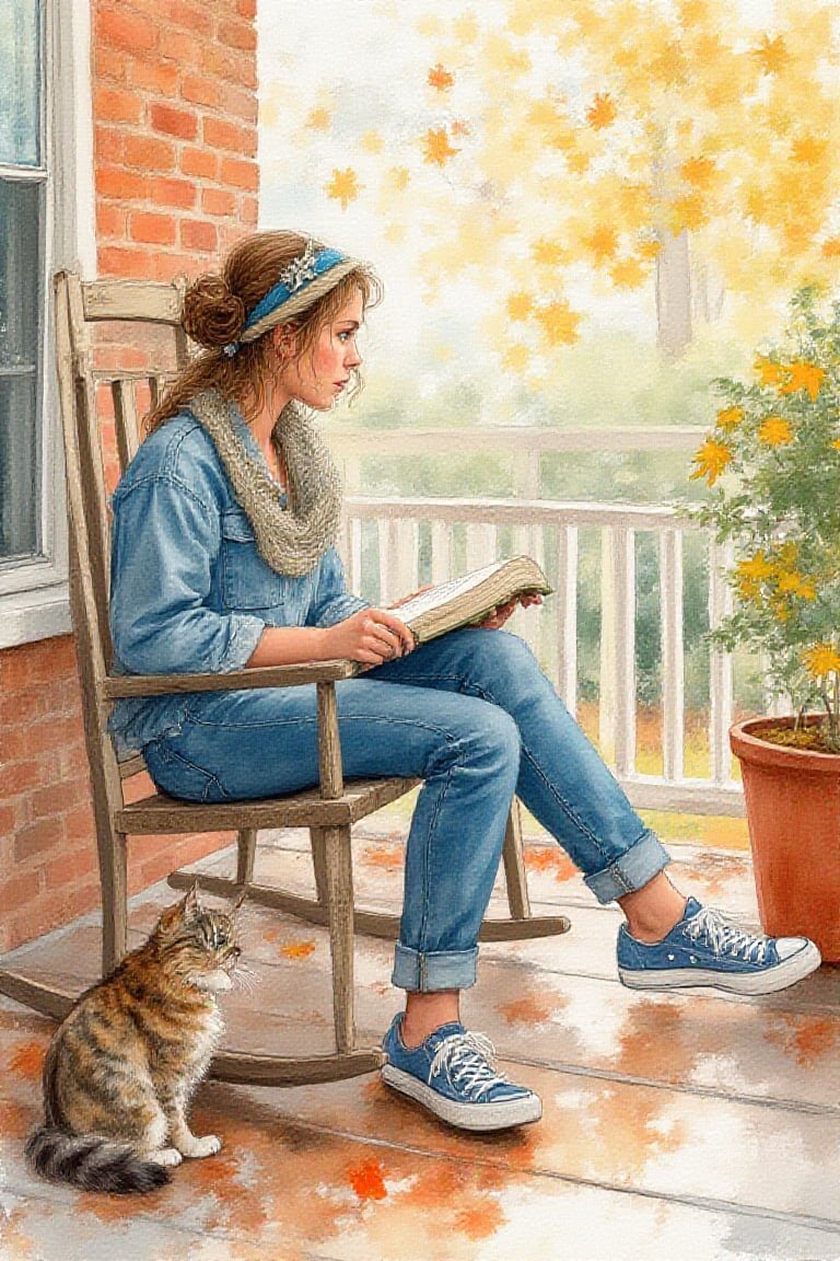 Wet watercolor painting, A Whimsical cute young lady, hair wispy curly and boho head scarf, blue eyes, wearing a light blue flannel shirt, jeans and tennis shoes, sitting with feet up on a wooden rocker on her porch, an opener book in her hands, gazing dreamily out of her garden, her fluffy cat lying on the floor below, wearing a matching blue collar, outside is a beautiful landscape watercolor painting sketch on fall canvas, Warm fall atmosphere BG.
 , 40s  ,using watercolor painterly , splash,uhd,hdr,24K, 40s