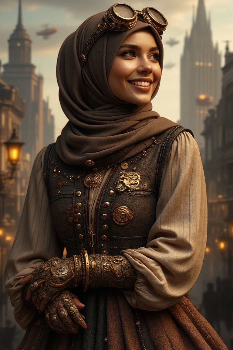 A hyper-realistic photo of a smiling beautiful woman in a loose sepia-toned hijab adorned with Steampunk elements like brass gears, cogs, and a gear-shaped brooch. She wears a blouse with brass piping, a leather vest with turning gears, and a flowing skirt with brass studs. Brass goggles rest on her head, and fingerless gloves feature small gears. The background is a dark Steampunk city with towering iron buildings, flickering gas lamps, and airships, creating an eerie, detailed atmosphere,UHD HDR,24K, 40s 