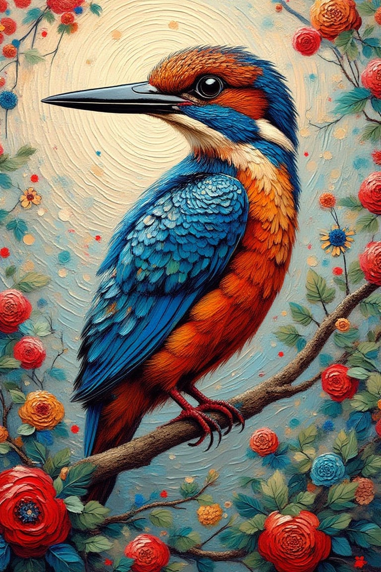 Impasto painting,bold textured palette knife ,bold textured brushstrokes, oil illustration painting, a multi coloured kingfisher bird, intricate details perched on a tree branch with leaves, in pop art style, with splattered ink, splashes, and decorative ornaments in the background