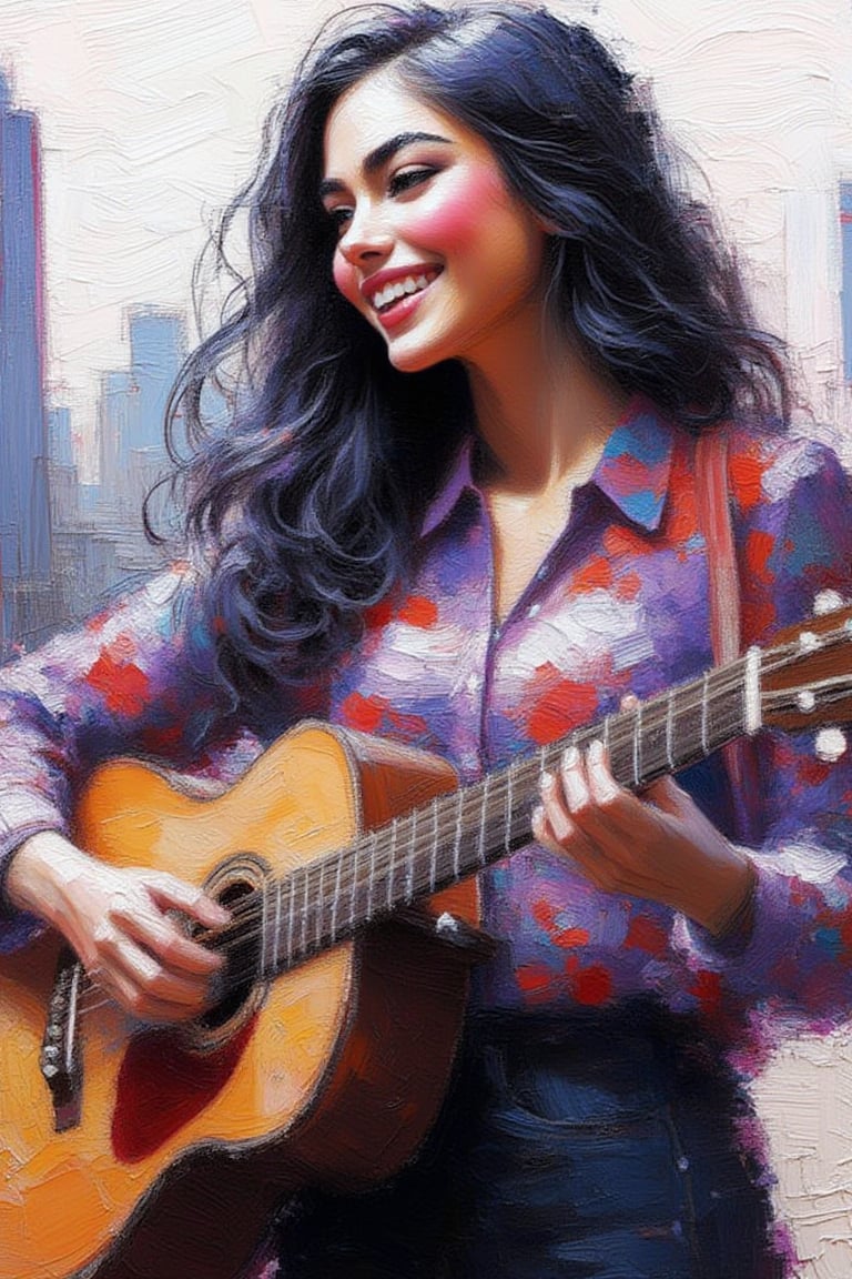 Portraiture,Stirling impasto-style
brushstrokes ,bold textured Brushwork,semi-realistic style with pastel knife color palette, light casting soft shadows on her face and hair, gentle the light source  from below, wearing purple modest blouse with red blue floral pattern .dark shades light outlining
one side on her face and long wavy black hair.She is playing a guitar enthusiatically. bg urban city with high rises building,color watercolor Wash background,UHD,HDR 24K, 40s 