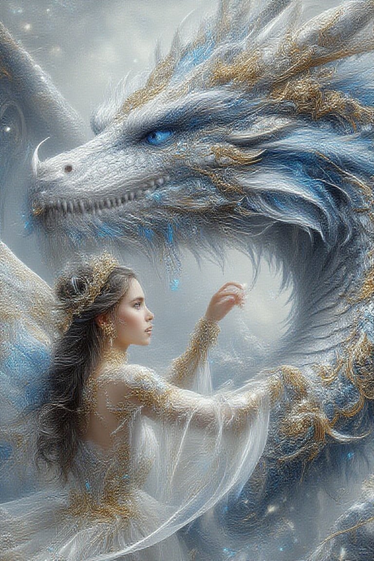  A humungous realistic white majestic dragon with shimmering blue scales adorned with intricate gold and silver accents. The
dragon should have piercing icy blue eyes and a regal expression, showcasing detailed textures on its head and neck, a beautiful fairy, with lighted translucent wings, long dark hair in a french braid, and is wearing a white
chiffon dress with gold accents, sparkling earrings, a
lighted sapphire tiara, gold and crystal armbands,she's reaching a hand up to the dragon.
The overall mood of the image is peaceful
and magical, with the fairy and dragon
sharing a special moment together. Bg white textured colours, uhd,hdr,24K, 40s,FireDragon,Oil Painting Kiko,WatercolorWash 