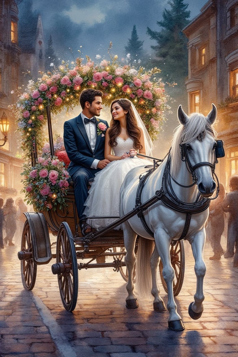 Watercolor painting,a carriage
decorated for wefdi6. Riding
in the carriage is a handsome man in a tuxedo and, girl dressed
in a white wedding dress,
long dark brown hair, looking
lovingly at the man. Carriage
is pulled by a white horse
decorated for weddings. Bg is
city streets at night, and all the
houses are decorated with
different colorful lights,UHD,HDR,24K, 40s, hyper-realistic, hyper-realism hyperdetailed,Watercolor Kiko 