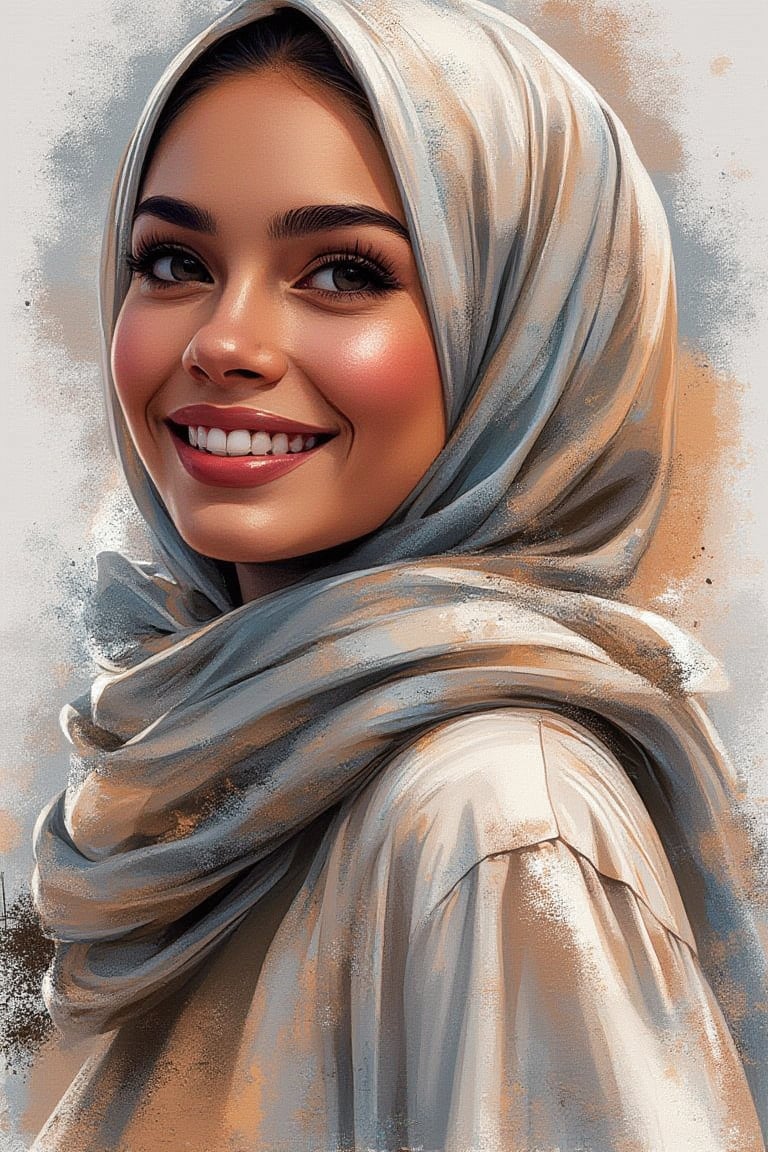 Digital Ilustration painting, realistic potrait of a glamourous beautiful eurasian lady, wearing hijab,modest blouse,beach waves style,happiness mood, gouache.loose, expressive brush stroke.dominant complimentary colours.brush stroke, splatter 24k,UHD,HDR, 40s