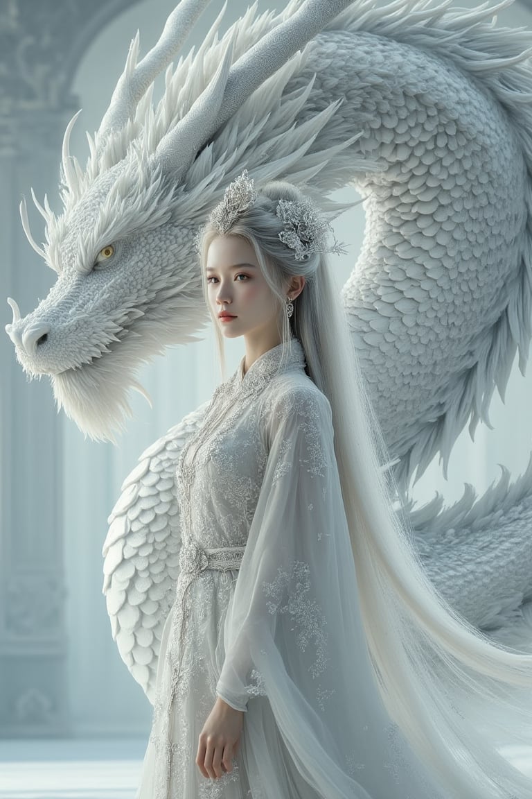 Portrait of a beautiful chinese girl ,silver white long hair ,wearing traditional hanfu dress in silver white, standing in front of her a majestic white dragon, from head to knees with intricate details of its scales ,perfect lighting. The scene is captured in 4K HD with sharp focus, emphasizing detailed imagery. The composition highlights her ethereal beauty and the intricate design of her attire,UHD, HDR,40S, surrealism