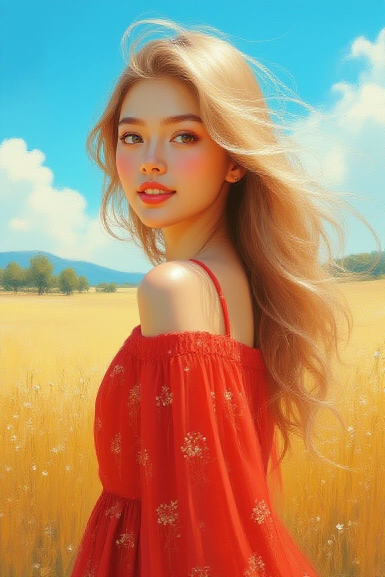 Close up shot, zenithal painting ,gouache painting, realism oil painting of a 
korean girl standing in pampas field along a tar road looking over her shoulder .She has soft make up  long blond wind-blown wavy hair, vivid brown eyes,sweet smile, looking over her shoulder. The winds are blowing the prairies. She wears modest red midi dress with floral pattern blue sky with fluffy cloud, trees, coloful wildflowers,hills on the horizon rendered in a soft brushstrokes,soft lines and
shapes, in the style of fine art illustrations,hyper-realistic, intricate details, dreamy, painterly gouche effect ,uhd,
hdr,24K, 40s 