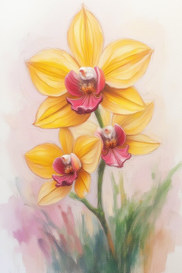 Full render Wet Watercolour depiction of a  beautiful yellow and red bearded  orchid - background soft pastel  colours of lilac, soft green and a bit of brown , intricate details,  realistic    uhd,hdr 24K, 40s, hyper-realistic 