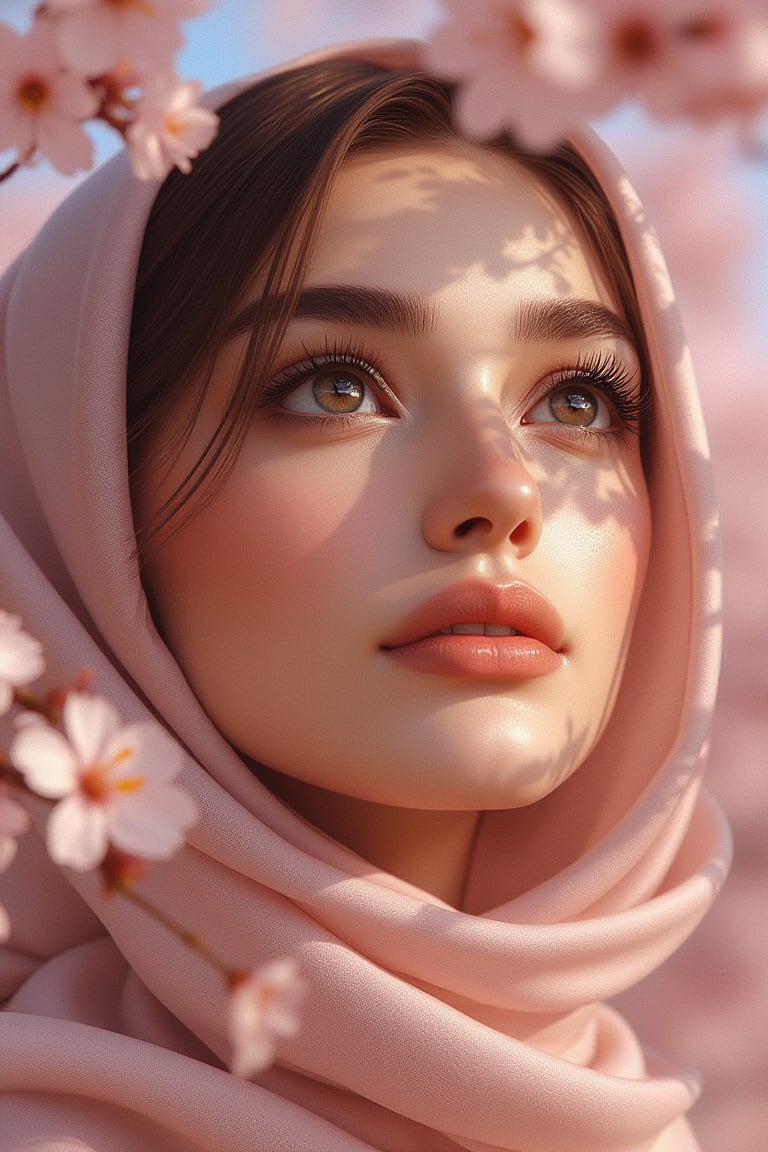 Shallow depth of field,a highly detailed digital painting of a young woman gazing softly into the distance, under  delicate cherry blossoms. Her face is partially in shadow with dappled sunlight shining through the petals, highlighting the moisture on her skin, giving a fresh and natural look. Her soft, flowing hijab is intertwined with blossoms. The art features a close-up portrait at a slight upward angle, emphasizing her ethereal, flawless complexion, deep reflective eyes and subtle expression. The lighting creates a dreamy atmosphere with soft bokeh effects. The style is reminiscent of Ilya Kuvshinov's work, known for his beautifully stylized feminine portraits blending realistic and anime-inspired aesthetics.