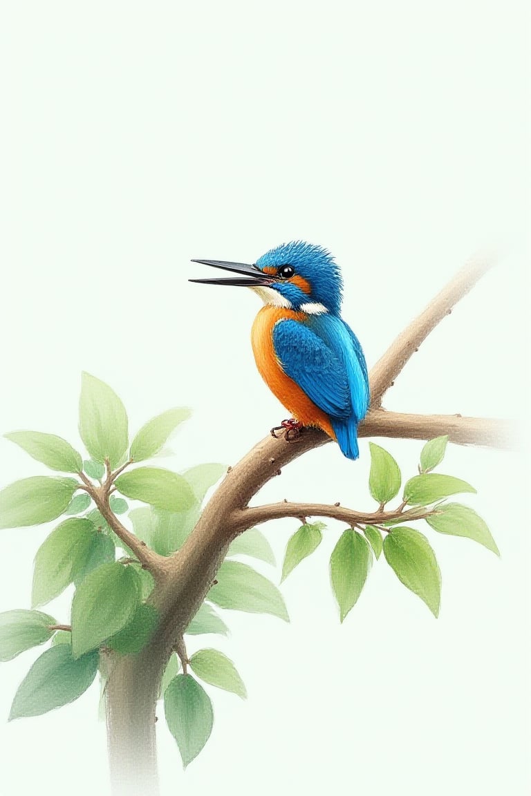 Watercolor style. A painting of a blue Iake. In the middle is a kingfisher ,intricate details, perched on an extended dark brown tree branch with green leaves,in the foreground. Reflections and shading. White background, dark mode,uhd,
hdr,24K, 40s 