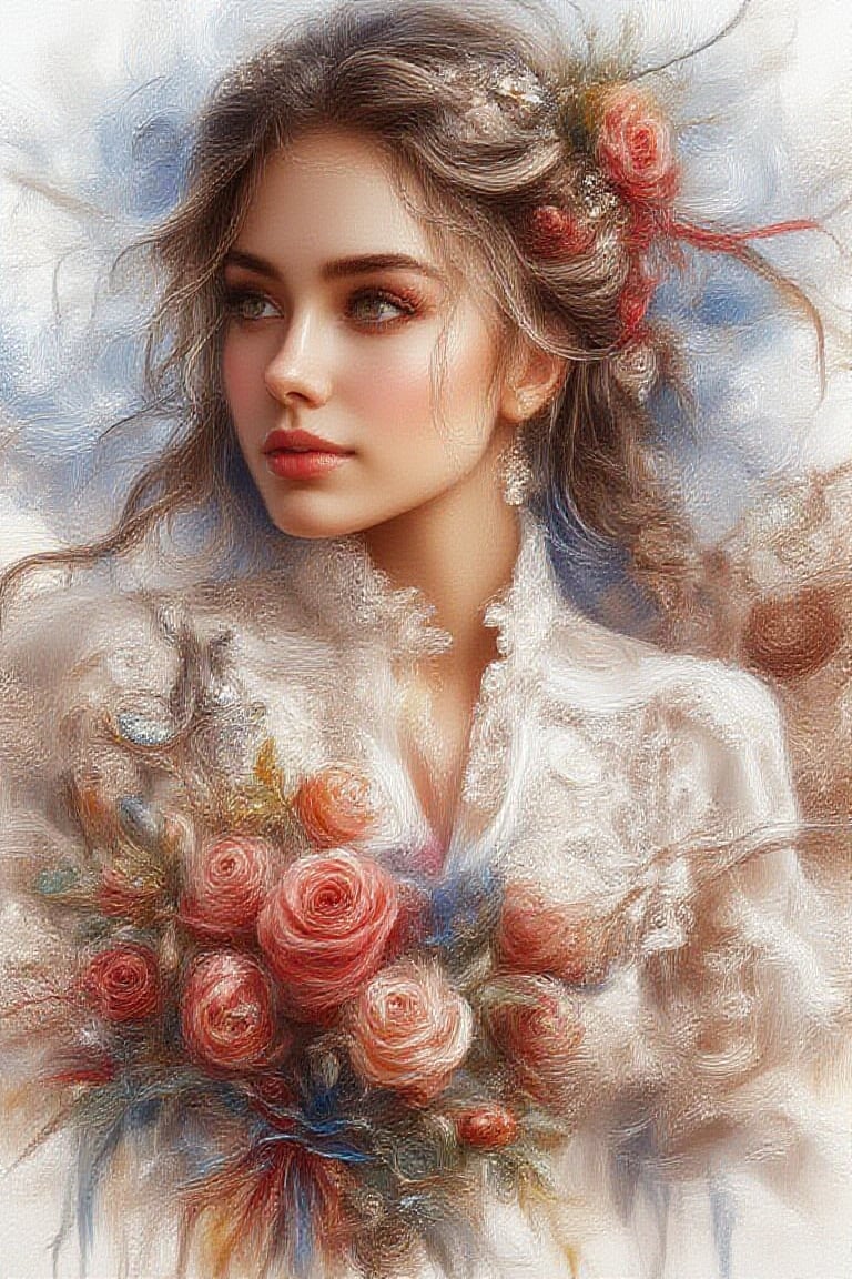 Watercolor Potrait a pretty lady white face, ,soft make up,blush cheeks,deep dimple,long braided hair tied with red lace ribbons, wearing white blouse with floral pattern on her left side, neutral sweet smile, holding a wedding bouquet of red roses tied with colorful lacy ribbens ,using watercolor painterly , splash.bg mottied gradient brown and blue color, uhd,hdr,24K, 40s,Oil Painting Kiko,Kikotaekwando,WatercolorWash