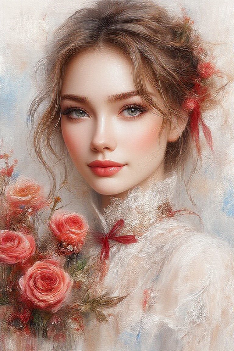 Watercolor
Potrait a pretty lady  white face, ,soft make up,blush cheeks,deep dimple,long braided hair tied with red lace ribbons, wearing white blouse with floral pattern on her left side, neutral sweet smile, holding a wedding bouquet of red roses tied with colorful lacy ribbens ,using watercolor painterly , splash.bg mottied gradient brown and blue color, uhd,hdr,24K, 40s,Oil Painting Kiko,Kikotaekwando,WatercolorWash 