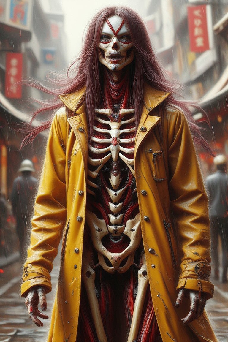 hyper realism, a skeleton hybrid, wet and
Wheatish coloured tone, X eyes mask,
long burgundy haired, dark-yellow hyper
nano LaTeX ceramic raincoat, crimson
muscles and veins inner intricate render,
wearing a white ultra violet transparent
latexCouture material mediaeval long
coat, dynamic pose at horror
environments Tokyo city streets, SSAO,
ambient occlusion, ray tracing, cycles 4d
render, CryEngine 7 optimization,
dynamic lightings, bright white LED
lighting 30x times, 7d Unreal Engine 12
textured. 124k ultra HDR.