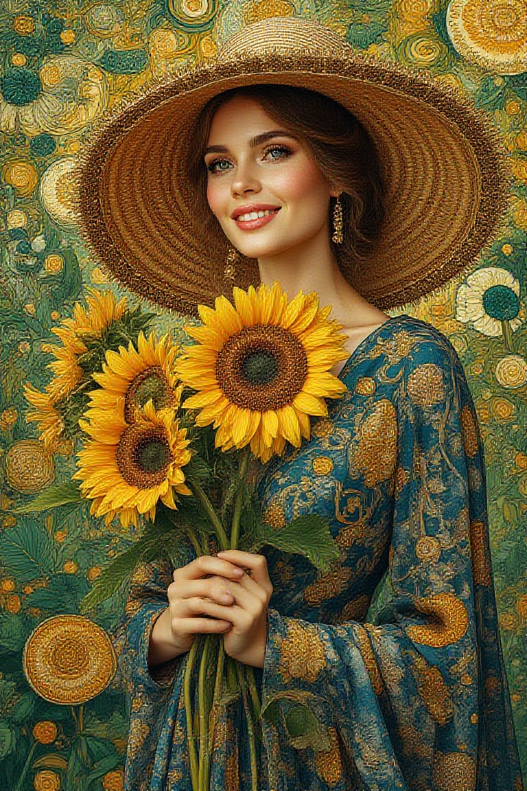 A beautiful stunning princess wearing a stylish oversized sunhat,soft makeup, vivid eyes,
blush cheeks. She's wearing a  long modest dress with blue and gold accents, shoes, handbag. Smiling with happiness. Add a bouquet of distinctive patterned oversized blooming sunflower.
The background should be filled with intricate patterns green and gold leaf accents,
reminiscent of Klimt's inspires artworks with a focus on ornamental details and a
harmonious blend of natural forms. The scene radiates
elegance and timeless beauty, with the woman's serene expression and the detailed, decorative elements creating a
mesmerizing, dreamlike quality