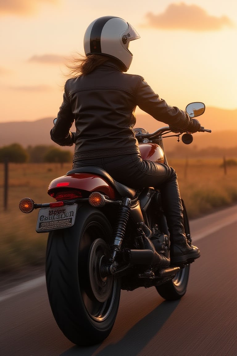  A photo hyperrealistic image of a female
biker wearing modest riders leather suit
,riding a Harley Davidson , side view, full
face branded helmet, on the road. The
background has countryside scenery with
sunset colors,fast and motion
effect,UHD,HDR,24K, 40s