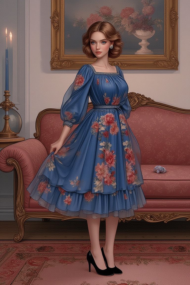 1girl, solo, looking at viewer, short hair, blue eyes, brown hair, long sleeves, dress, holding, jewelry, standing, collarbone, full body, flower, shoes, indoors, black footwear, high heels, lips, blue dress, floral print, couch, realistic, candle, vase, painting \(object\), carpet