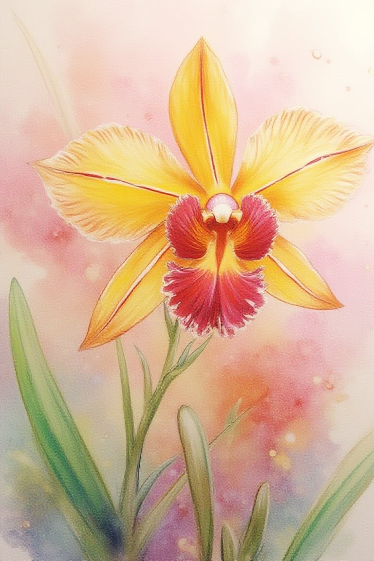 Full render Wet Watercolour depiction of a  beautiful yellow and red bearded  orchid - background soft pastel  colours of lilac, soft green and a bit of brown , intricate details,  realistic    uhd,hdr 24K, 40s, hyper-realistic 