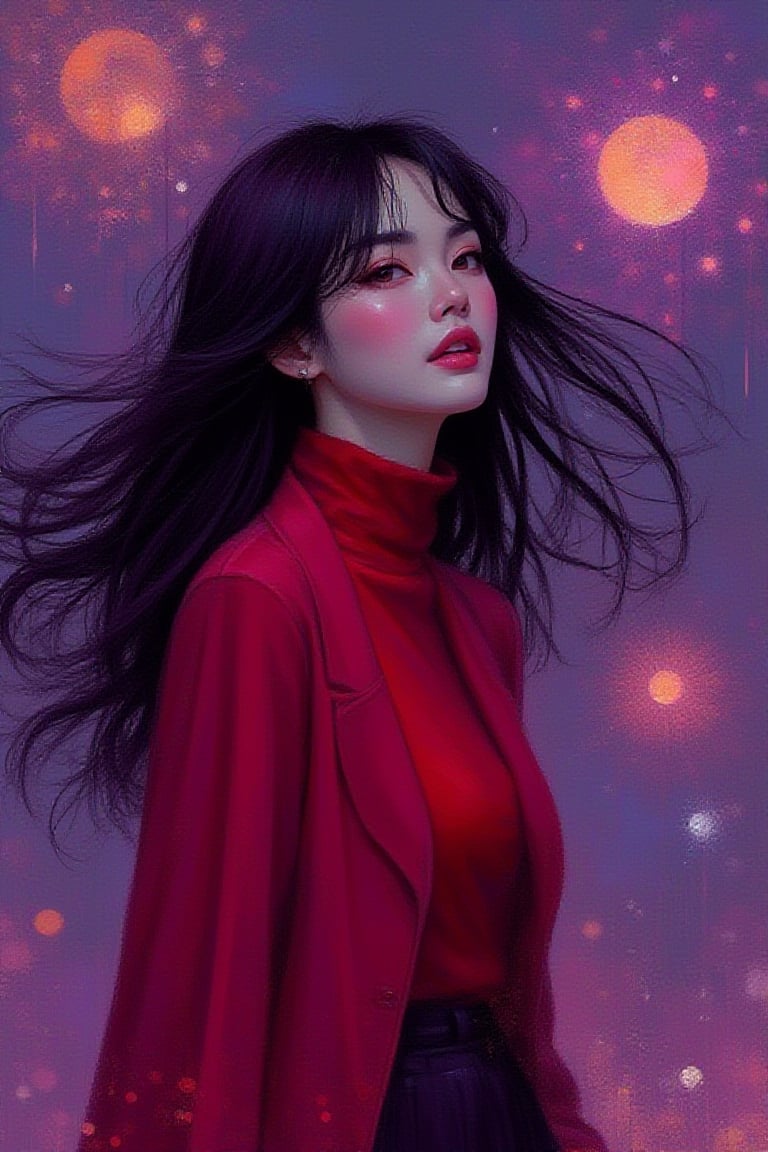  zenithal painting,gouache,realism
oil painting,modern japanese
illustration,digital illustration,adorable
girl,Ann
dittmann+loish,minimalist
wears modest crimson red and bright purple casual,long wind-blown black hair,soft make-up, pink cheeks,
,windy,romantic
vibes,inspired by Archie's
illustration painting
style,expression
shot,candid,midjourney+L
ORA
style,--niji,contra,bright
moon light,night hour,particles
on air,fireworks on sky ,     UHD HDR ,24K, 40s 