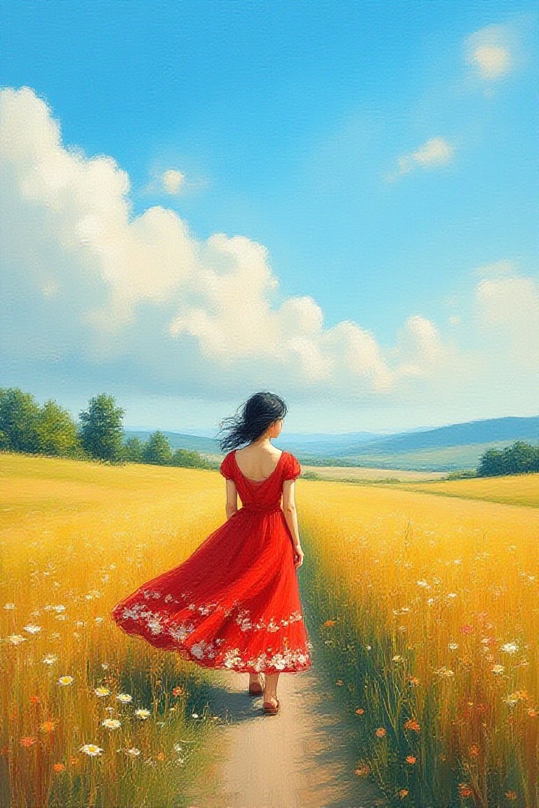 zenithal painting ,gouache painting, realism oil painting of a 
korean girl standing in pampas field along a tar road looking down. The winds are blowing the prairies. She wears modest red midi dress with floral pattern
at the edge of the billowing skirt, blue sky with fluffy cloud, trees, coloful wildflowers,hills on the horizon rendered in a soft brushstrokes,soft lines and
shapes, in the style of fine art illustrations