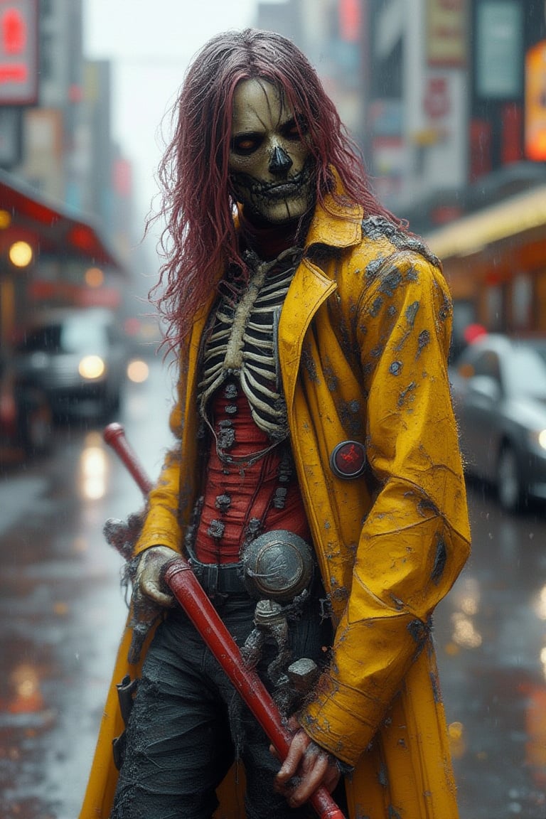 hyper realism, a skeleton hybrid, wet and
Wheatish coloured tone, X eyes mask,
long burgundy haired, dark-yellow hyper
nano LaTeX ceramic raincoat, crimson
muscles and veins inner intricate render,
wearing a white ultra violet transparent
latexCouture material mediaeval long
coat, dynamic pose at horror
environments Tokyo city streets, SSAO,
ambient occlusion, ray tracing, cycles 4d
render, CryEngine 7 optimization,
dynamic lightings, bright white LED
lighting 30x times, 7d Unreal Engine 12
textured. 124k ultra HDR.