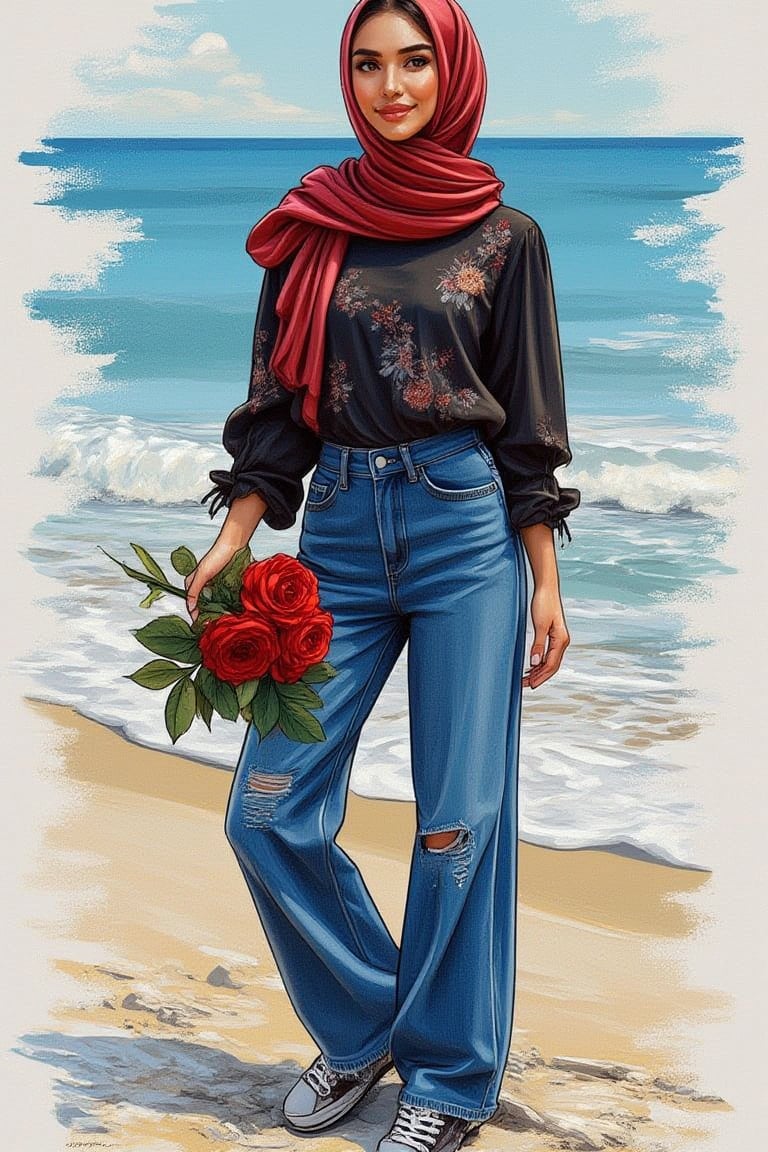 Digital Ilustration painting, realistic potrait of a glamourous beautiful eurasian lady, wearing hijab,modest blouse,denim blue jeans, sneakers. She is holding a stalk of red rose.bg beach waves style,happiness mood, gouache.loose, expressive brush stroke.dominant complimentary colours.brush stroke, splatter 24k,UHD,HDR, 40s