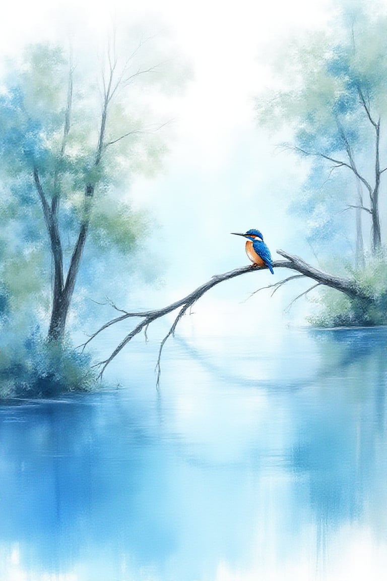 Watercolor style on wet canvas  wet on wet painting. A painting
of a blue lake. In the middle is a kingfisher
perched on an extended tree branch in the
foreground. Reflections and shading
White background   UHD
HDR,24K,WatercolorWash 