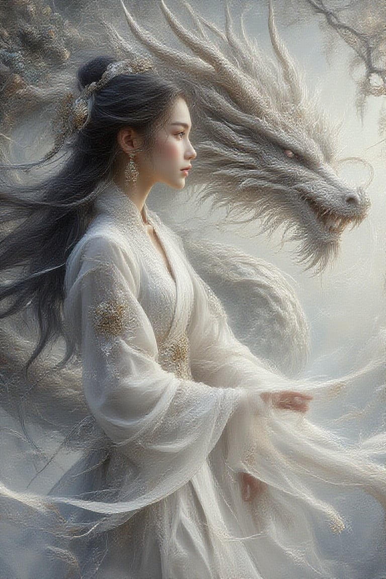 Best image quality, oil painting, bold textured airbrushed, Young,stunning and Beautiful young chinese girl wearing white traditional hanfu coloured dress, long black hair ,happiness mood,dynamic model pose,a white tamed silver dragon, with intricate details next to her.bg white misty atmosphere with tree,3d, hyper- realistic,vibrant , clear, dramatic light ,uhd ,hdr, 24K ,40s,Oil Painting Kiko,FireDragon,