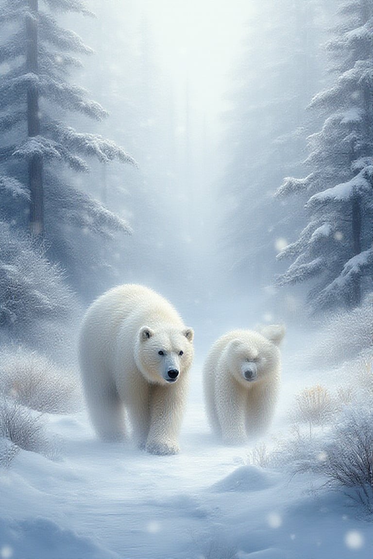 Oil illustration painting, A cute, 3D animation style Of a white snow bear walking near a snow covered river with Its two white cubs standing in front of Tress covered in white winter snow in a misty white atmospheric  background.  dreamy, romantic, painterly, UHD,HDR, 24K, 40s in the style  of,Oil Painting Kiko,Sportkiko