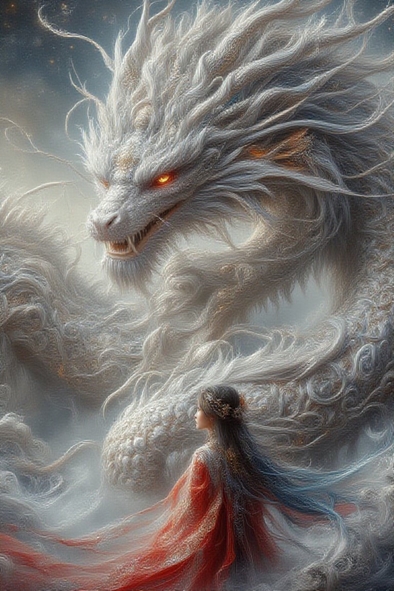 Portrait of a beautiful chinese girl ,silver white long hair ,wearing traditional hanfu dress in red and blue, standing in front of her  a majestic white dragon, from head to knees with intricate details of its scales ,perfect lighting. The scene is captured in 4K HD with sharp focus, emphasizing detailed imagery. The composition highlights her ethereal beauty and the intricate design of her attire,UHD, HDR,40S, surrealism 