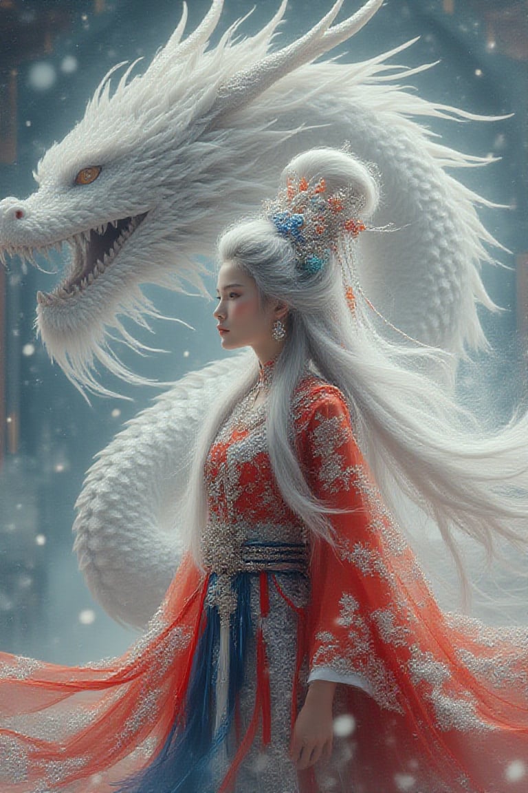 Portrait of a beautiful chinese girl ,silver white long hair ,wearing traditional hanfu dress in red and blue in 4K ,standing in front of her  a majestic white dragon, from head to knees with intricate details of its scales ,perfect lighting. The scene is captured in 4K HD with sharp focus, emphasizing detailed imagery. The composition highlights her ethereal beauty and the intricate design of her attire,UHD, HDR,40S, surrealism,FireDragon