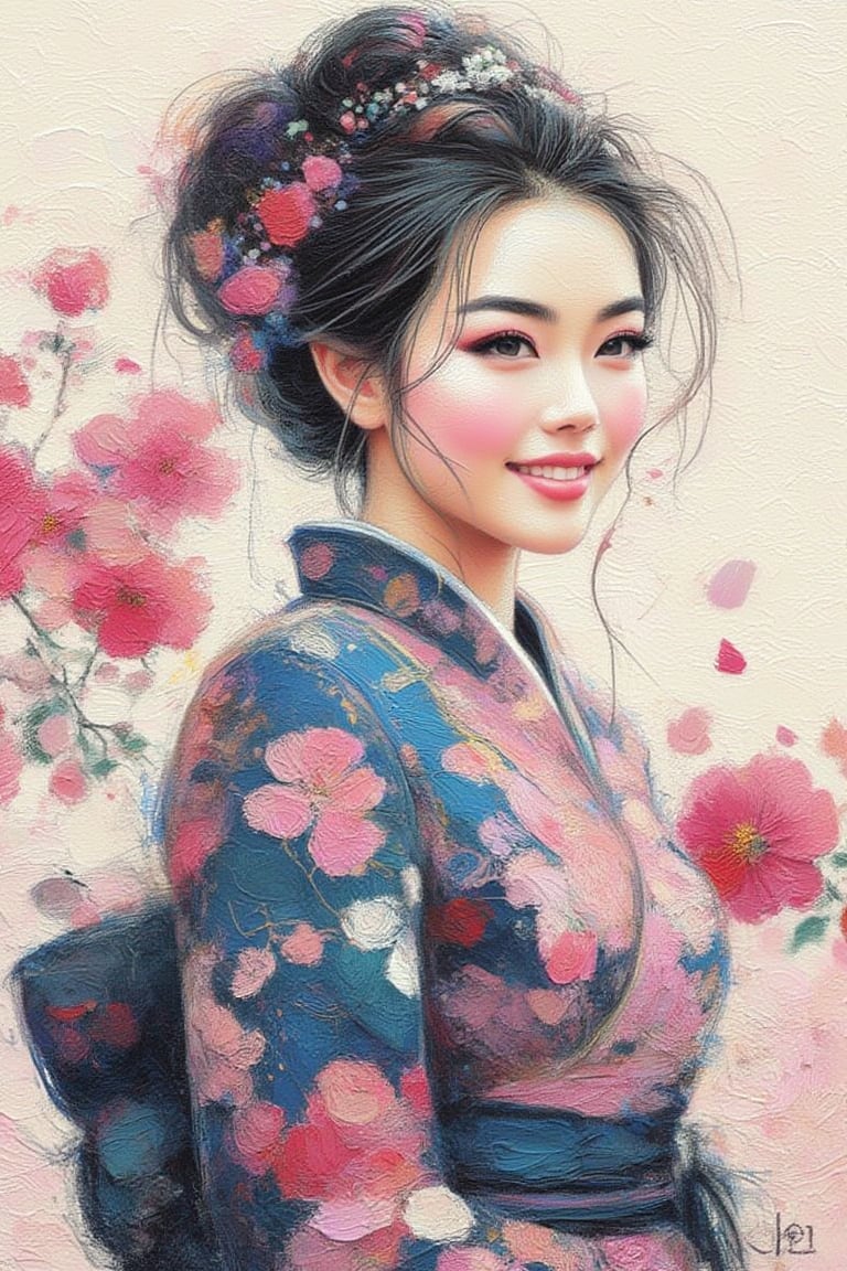 Please create The Artistic
Spirit of an Edo Beauty:
Hanazawa Shizuka's in the
style Ukiyo-e, Sketching
crosshatching ,impasto,bold knife brushstrokes of
 a pretty Asian lady
wear blue and pink long
sakura kimono, bun hair
with accessories
nice smile, sweet dimple,
pink lips,
Japanese Ink, cinematic,
gaze eyes on the
camera, dynamic shadow,bg sakura flowers and petals swirling on the air, 
Mastery    UHD HDR ,24K, 40s 