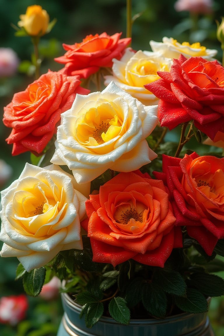 create a hyper realistic, ultra hd, vibrant colour, image of a close-up of  roses flowers in a big flower pot at a garden. The flowers are in full bloom, with their petals in different shades of red and yellow, and white. The petals are covered in water droplets,  The background is a garden  with green foliage.