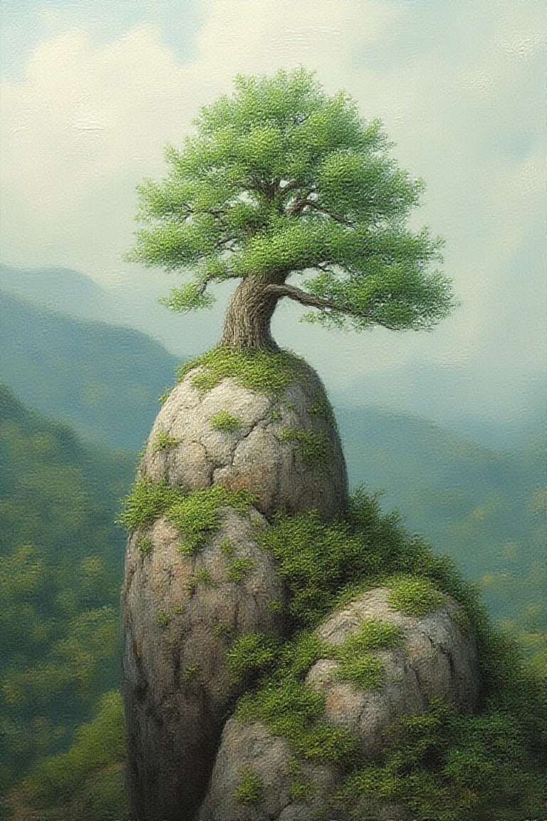 3D,Impasto,knife palette with bold brushstrokes in small circles ,a 
miniature bonsai tree growing on a a boulder on a steep hill ,
Whimsical, surrealist style
In the vein of Salvador Dalí or René Magritte ,Soft, diffused lighting
Muted greens and browns
Realistic rendering
Simple, naturalistic hillsides background  in the style of monet