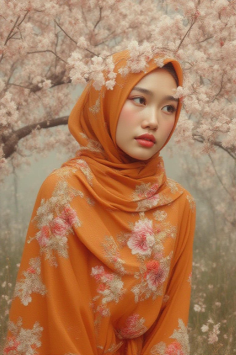 Classical Realism painting,
minimalist, adorable malay girl,she
wears hijab  ,modest orange colored traditional baju kebaya with floral pattern ,cherry blossom
tree,windy,serene and calm,expression
shot,retrowave,master shot,dreamy,blurry  UHD HDR ,24K, 40s