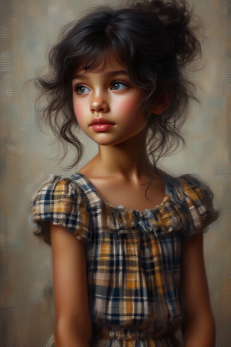 Best image quality, oil painting, soft
textured airbrushed, Young,stunning and
Beautiful young girl wearing blye coloured
checkered cottagecore dress,black hair
with and updo, happiness
mood,dynamic model pose,3d, hyper-
realistic, clear, dramatic light  ,uhd ,hdr, 24K   ,40s,Oil Painting Kiko