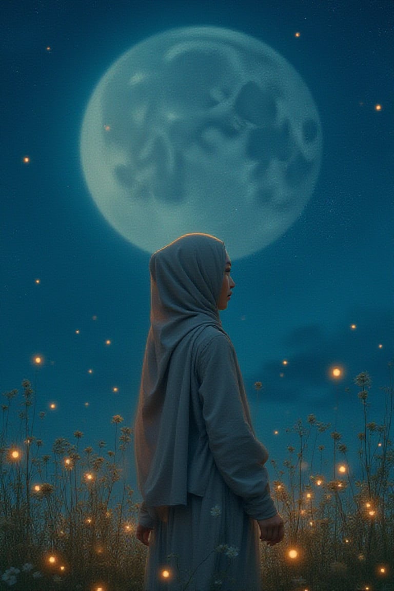 gouache painting, realism hyperrealistic,
oil painting,modern asian
illustration,digital illustration,adorable
hijabist malay girl ,Ann dittmann-
+loish,minimalist,wears modest baju
kurung,windy,romantic vibes,inspired by
Archie's illustration painting
style,expression shot,candid,midjourney+L
ORA style,- niji,contra,bright moon
light,starry cosmic night sky,light from fireflies roaming around her,serene atmosphere, dreamy,tranquil, UHDHDR,24K, 40s 