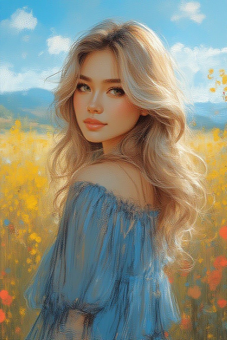 Close up shot, zenithal painting ,gouache painting, realism oil painting of a 
korean girl standing in pampas field along a tar road looking over her shoulder .She has soft make up  long blond wind-blown wavy hair, vivid brown eyes,sweet smile, looking over her shoulder. The winds are blowing the prairies. She wears modest blue midi dress with floral pattern blue sky with fluffy cloud, trees, coloful wildflowers,hills on the horizon rendered in a soft brushstrokes,soft lines and
shapes, in the style of fine art illustrations,hyper-realistic, intricate details, dreamy, painterly gouche effect ,uhd,
hdr,24K, 40s 