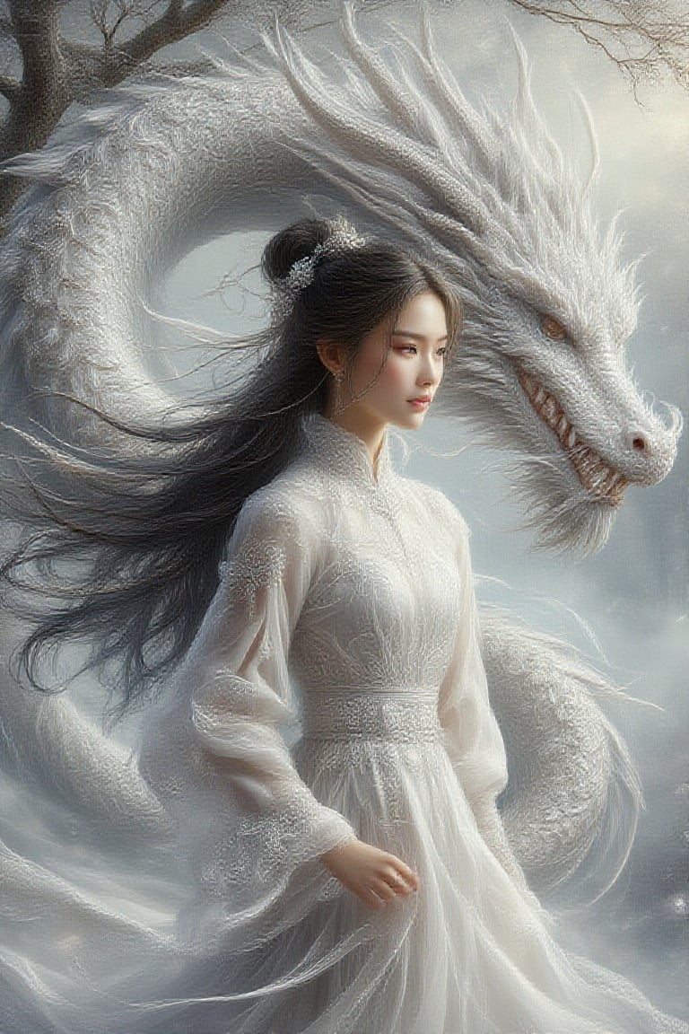 Best image quality, oil painting, soft textured airbrushed, Young,stunning and Beautiful young chinese girl wearing white traditional hanfu coloured dress, long black hair ,happiness mood,dynamic model pose,a white tamed silver dragon, with intricate details next to her.bg white misty atmosphere wuth tree,3d, hyper- realistic, clear, dramatic light ,uhd ,hdr, 24K ,40s,Oil Painting Kiko,FireDragon