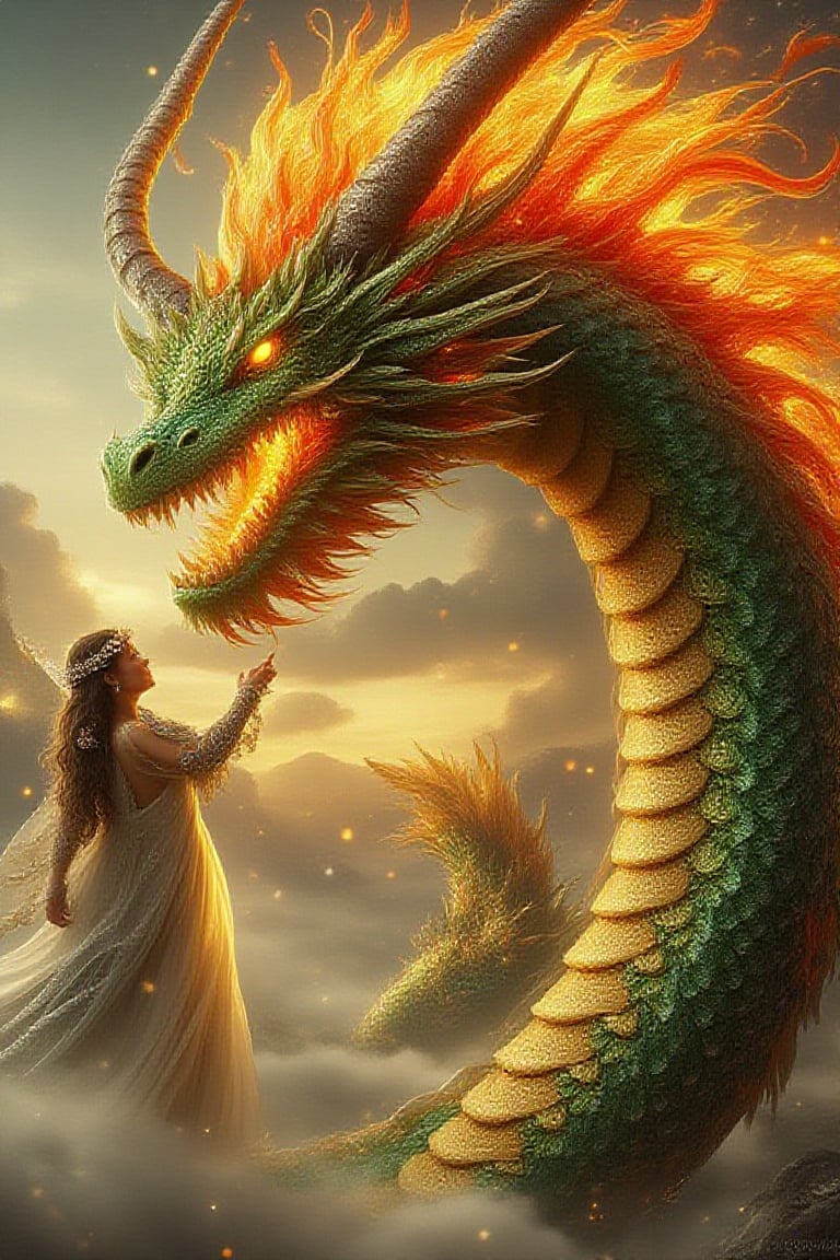  A highly detailed, fierce dragon with intensely glowing orange eyes & sharp white teeth. lts scales are primarily vibrant green typed in gold, with a long , coiled, red underbelly visible. The dragon's metallic horns curve outward from its head, dark at the base, fading to a lighter hue. Its mane flares out with fiery colors, blending shades of orange, gold & red, creating a dynamic, flame-like effect around the head. The dragon casting bright big fire to show its prowess.add a beautiful fairy, with lighted translucent wings, long dark hair wavy hair and is wearing a white Royal blue dress with gold accents, sparkling earrings, a lighted sapphire tiara, gold and crystal armbands,she's reaching a hand up to the dragon. The overall mood of the image is peaceful and magical, with the fairy and dragon sharing a special moment together. Bg white grey cloudy sky,uhd,hdr,24K, 40s,FireDragon