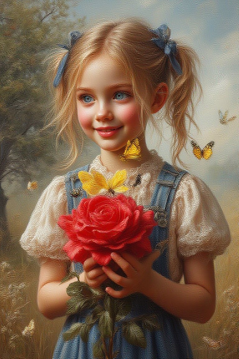 A realistic image of a cute little girl with blonde hair and bright blue eyes, hair parted in pig tails tied with decorative blue ribbons, wearing blue overalls and a
lacy top, holding a giant red rose with a butterfly perched on the petals.The butterfly are yellow, white and
black, iridescent in colour with a blue sky and a tree in the
background. The little girl smiling sweetly with deep dimple cheeks,dreamy, romantic, painterly, UHD,HDR, 24K, 40s in the style  of,Oil Painting Kiko,Kikotaekwando