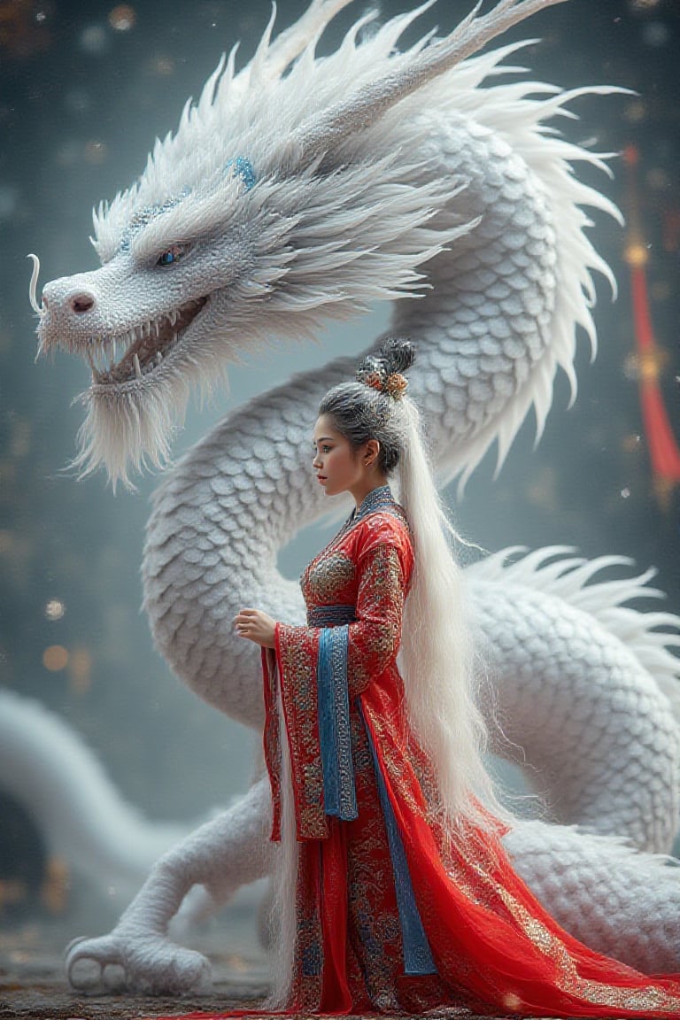 Portrait of a beautiful chinese girl ,silver white long hair ,wearing traditional hanfu dress in red and blue, standing in front of her  a majestic white dragon, from head to knees with intricate details of its scales ,perfect lighting. The scene is captured in 4K HD with sharp focus, emphasizing detailed imagery. The composition highlights her ethereal beauty and the intricate design of her attire,UHD, HDR,40S, surrealism 