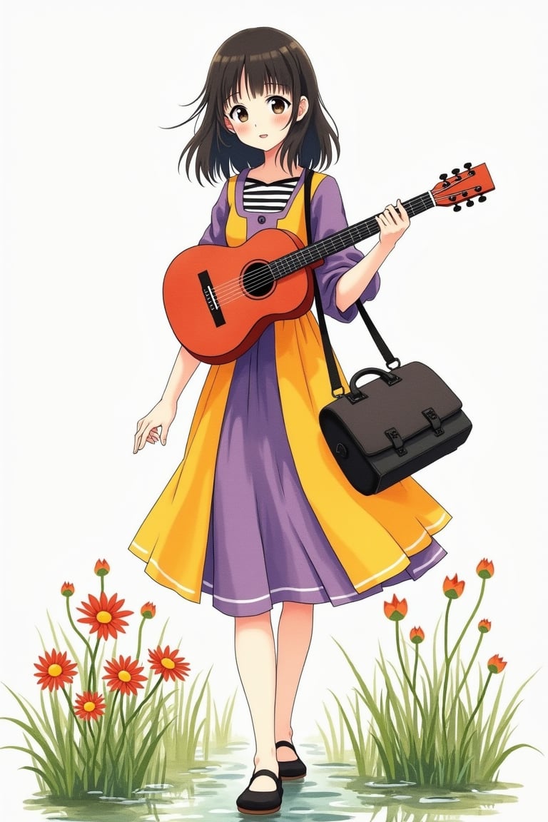 Sumi-e style watercolor portrait of a young, beautiful anime girl in a modest midi dress with a striped inner, strolling in a lake garden. She holds a guitar in purple, yellow, red, and black colors, blending modern color block style. The scene is framed with a focus on her serene expression and the vibrant colors of her attire against a white background, with soft, flowing ink lines capturing the essence of the moment.